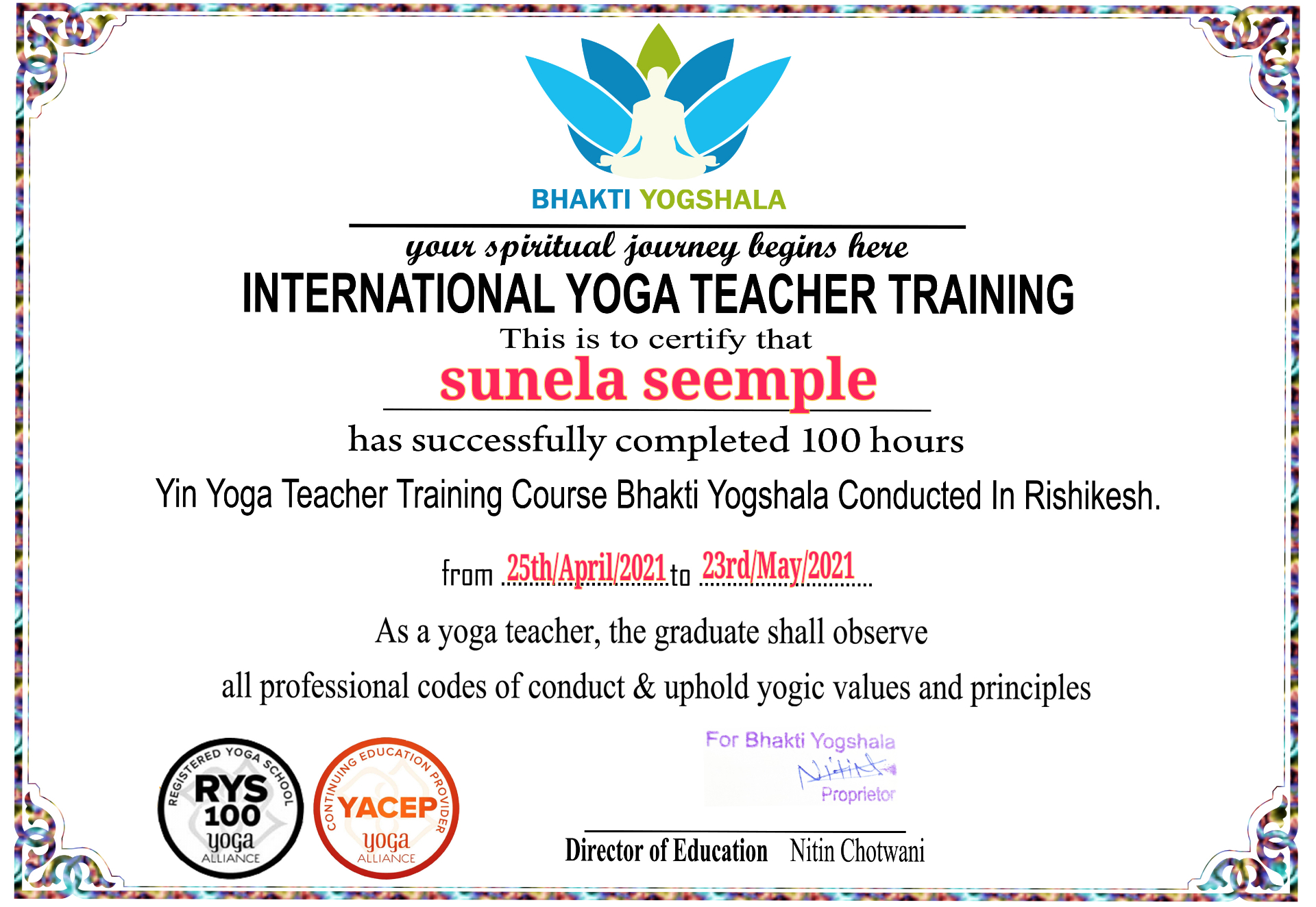 Yin Yoga Teacher Training Certificate – 100 Stunden